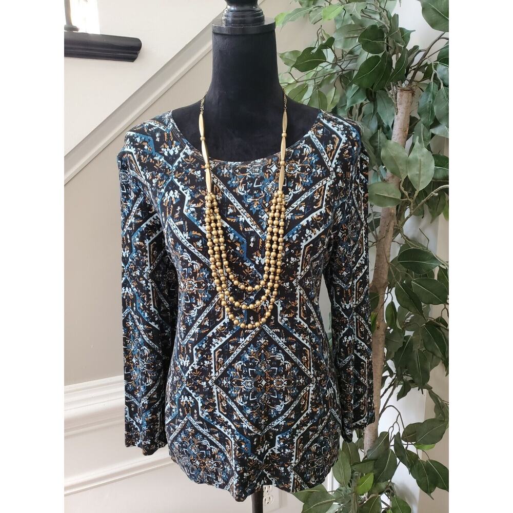 Chico's Black Multicolor Round Neck Long Sleeve Casual Top Blouse Size 2 (Large)